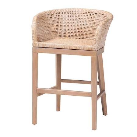 Bali & Pari Papua Modern Bohemian Antique White Washed Rattan and Mahogany Wood Counter Stool 243-13490-ZORO